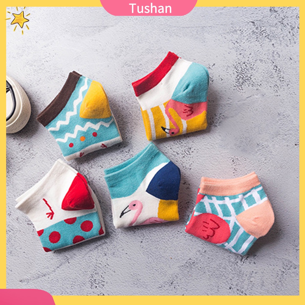 TUSH Fashion Women Flamingo Print Low Cut Breathable Cotton Short Ankle Boat Socks