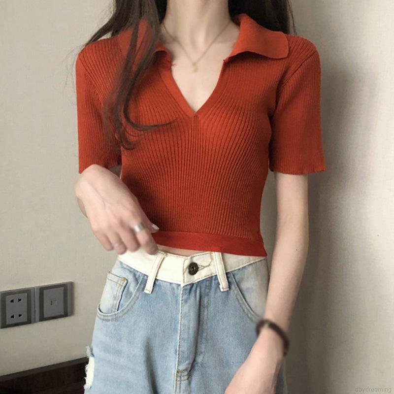Áo Thun Dệt Kim Tay Ngắn Cổ Chữ V Thiết Kế Hở Lưng Gợi Cảm Thời Trang