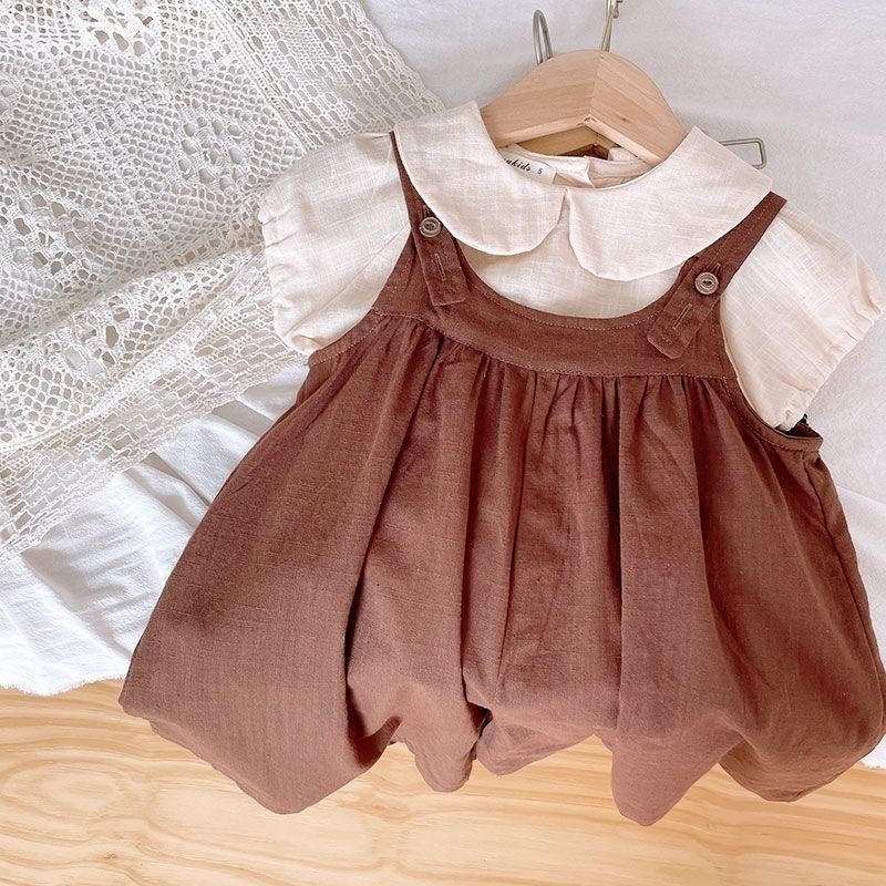 Bộ Áo Cotton Lanh Tay Ngắn Cổ Búp Bê + Quần Yếm Ống Rộng Phong Cách Phương Tây Thời Trang Mùa Hè Cho Bé Gái