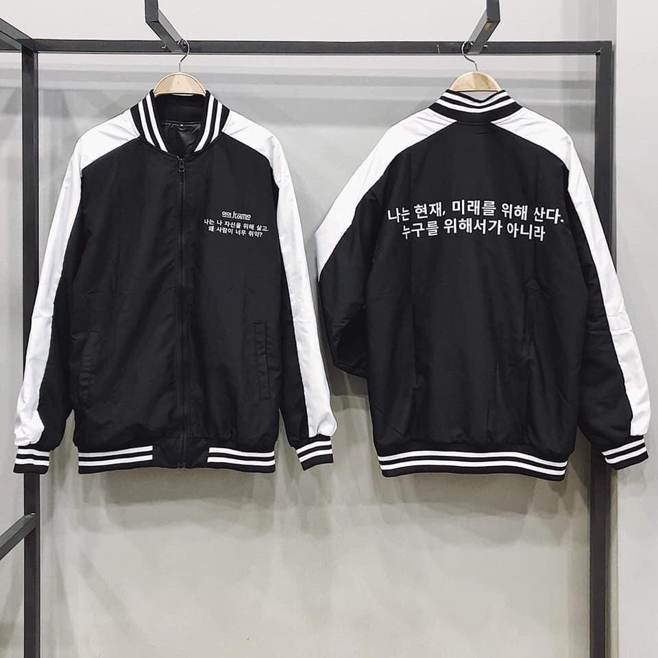 [Hình Thật] Áo Khoác Dù 2 Lớp Nam Nữ Bomber Chữ Hàn Quốc Đen Phối Trắng, Khoác Nhẹ Thu Đông, Khoác Nắng