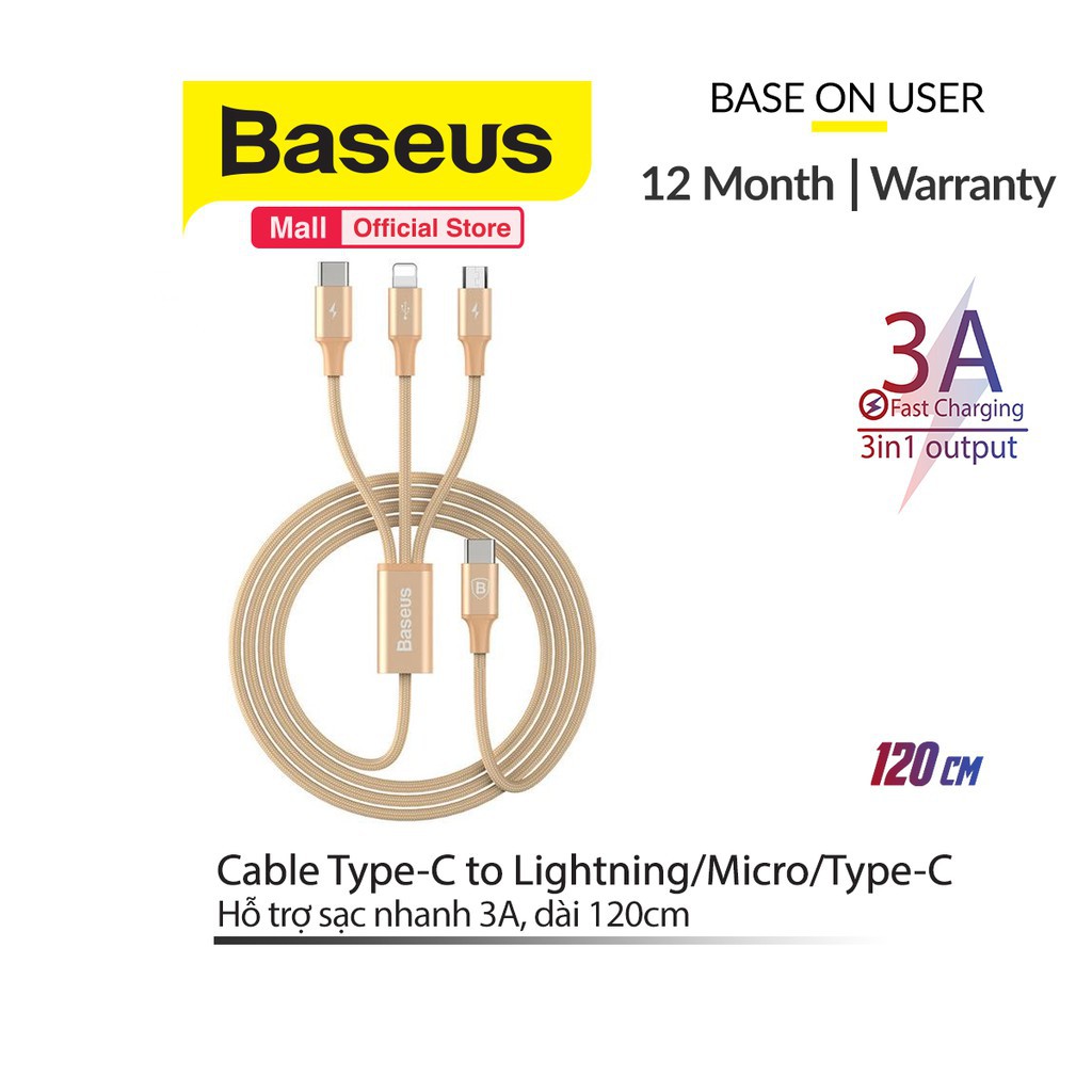 [ Giá siêu rẻ,chính hãng ] Cáp sạc Baseus Type C to 3-in-1 Cable ( Micro, Type-c, Lightning ) dài 120cm, hỗ trợ sạc nhan