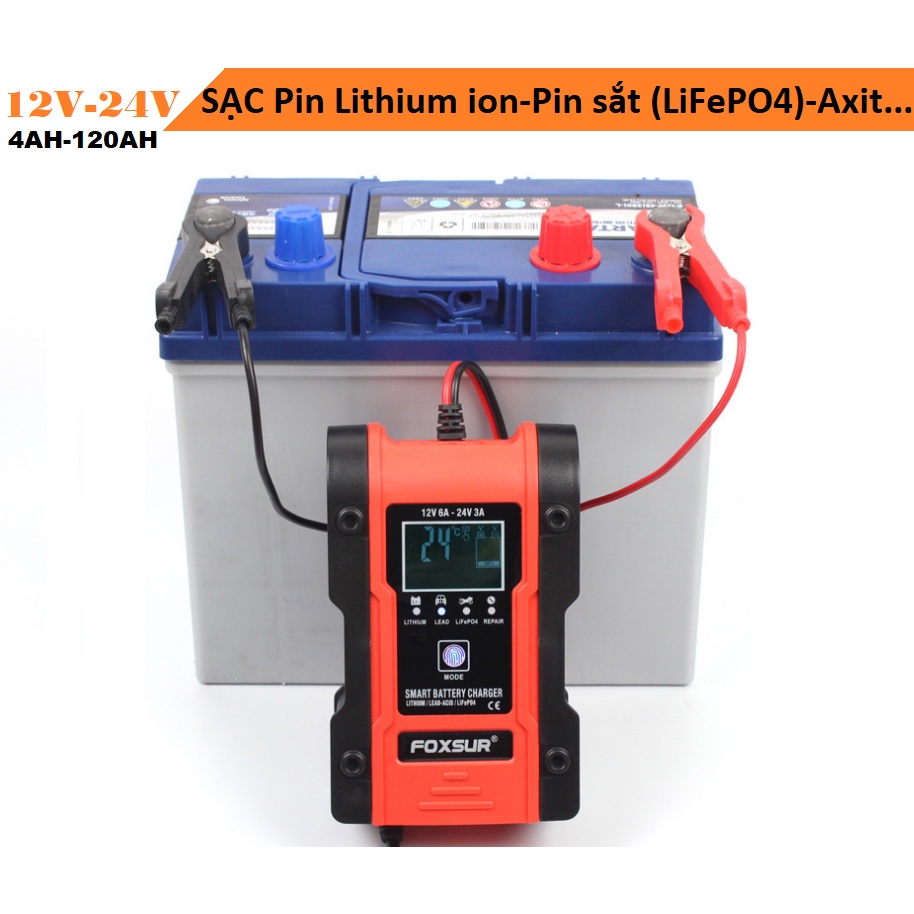 Sạc bình ắc quy 12V 24V FOXSUR pinlithium pin sắt LiFePO4 acid sạc ắc quy ô tô xe máy cảm ứng vân tay LOẠI TỐT MÀU CAM