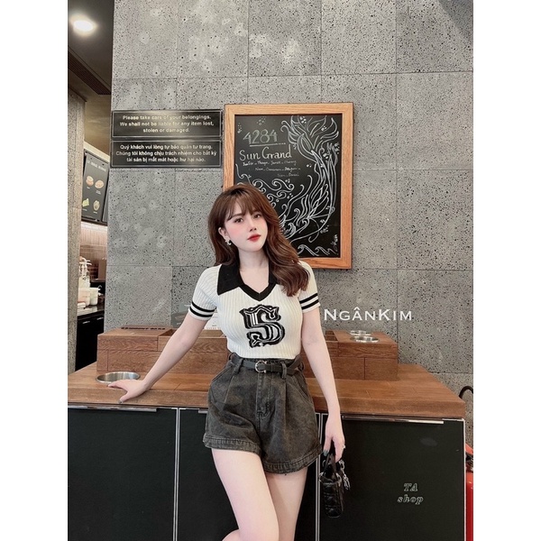 Áo len polo chữ S thêu phối màu viền tay siêu chảnh.