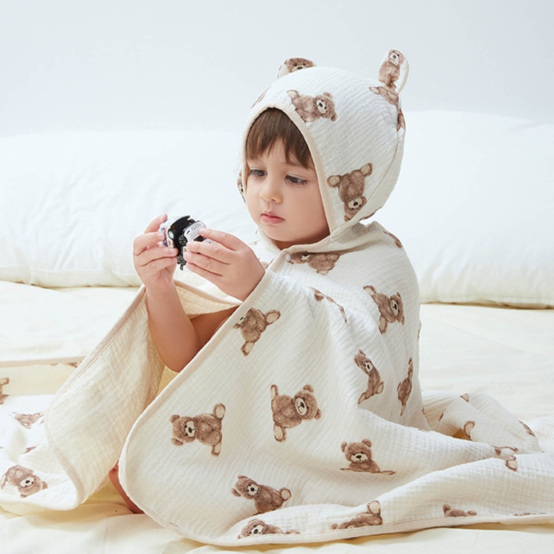 Khăn Choàng Tắm Cotton Mềm Mại In Họa Tiết Hoạt Hình Có Mũ Trùm Cho Bé