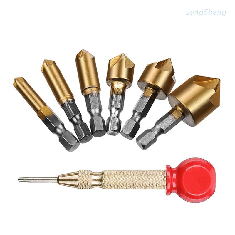 zong  6pcs 1/4" Hexagonal Shank Titanium Coated 5 Flutes HSS Countersink Chamfer Drill Bit with Center Hole Punch