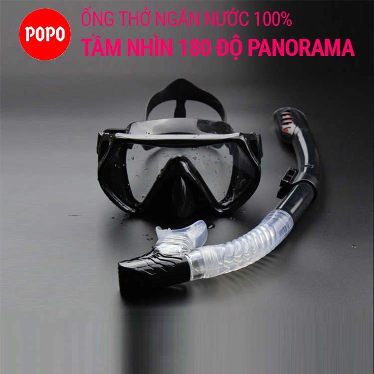 Kính lặn biển cùng ống thở ngăn nước POPO góc nhìn 180 độ mắt kính cường lực cản tia UV, hạn chế sương mờ