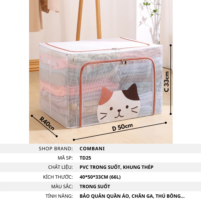 Hộp Đựng Quần Áo Khung Thép, Chất Liệu PVC Trong Suốt, Thùng Đựng Đồ Gấp Gọn 66L-100L TD25