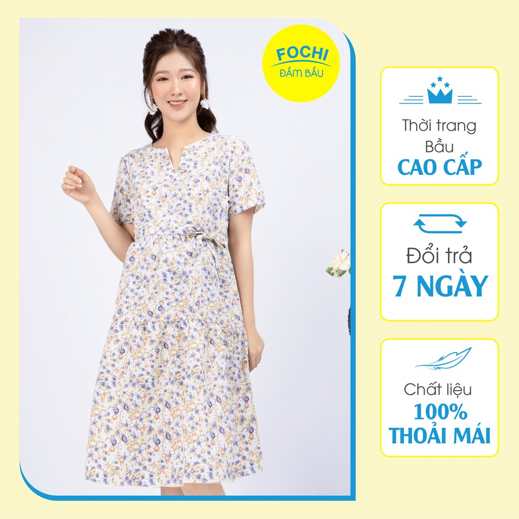 Váy Bầu Đũi Tằm Cao Cấp FOCHI Kiểu Dáng Babydoll Trẻ Trung, Họa Tiết Hoa Tím Có Nơ Bên Hông, Cổ Xẻ V VB186