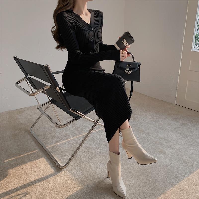 Đầm len body dáng dài cổ tim phong cách Hàn Quốc thời trang nữ