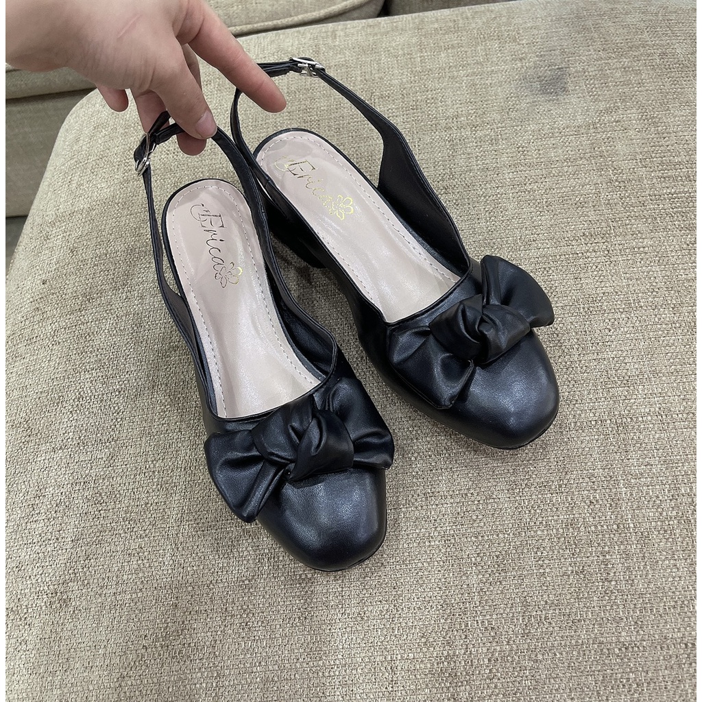 Sandal nơ phồng bít mũi quai cài sau gót trụ thấp - 3P