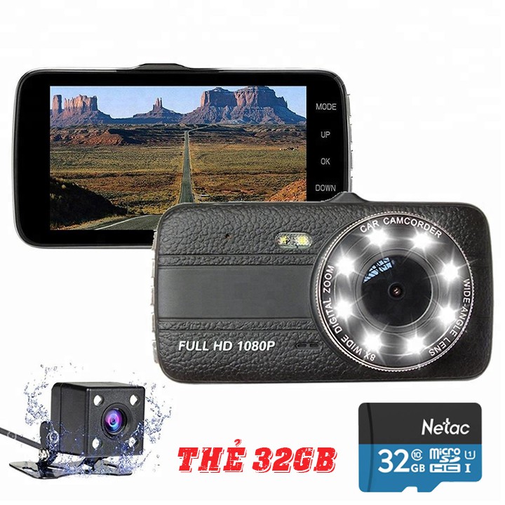 [Tặng Thẻ 0GB - 32GB] Bộ camera hành trình ô tô trước sau FULL HD - Tích hợp 8 LED sáng