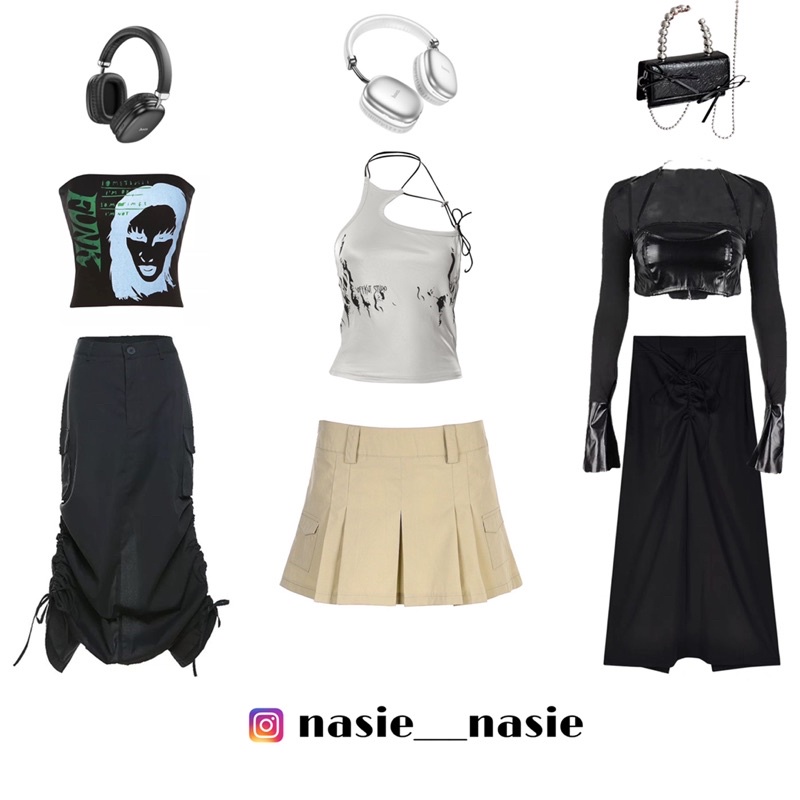 Chân Váy Midi, Chân Váy Hộp, Áo Ống, Áo Kiểu Tank Top, Áo Da Y2K Style