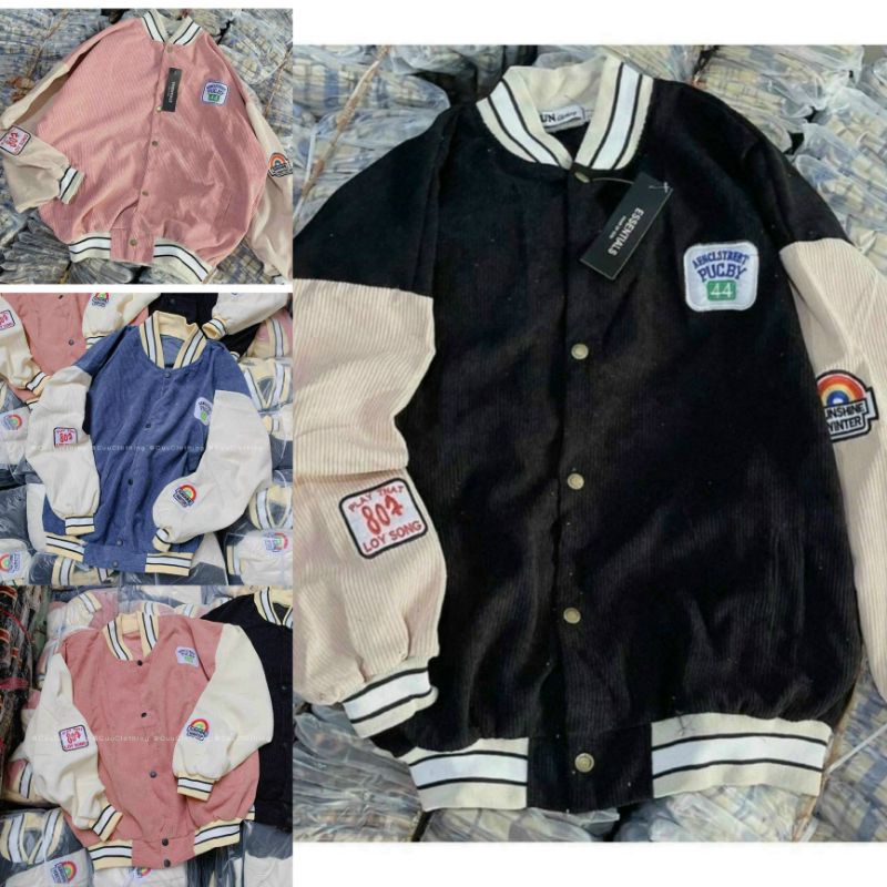 Áo Khoác Bomber Nhung Kaki Logo Thêu Cực Nét - Kiểu Rộng Unisex Màu Đen , Hồng , Xanh. - Cặp Đôi Nam Nữ Mặc Thu Đông