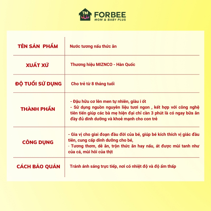 Nước tương cho trẻ MIZNCO - Tương hữu cơ- Dành cho trẻ từ 8 tháng tuổi (180ml/chai) - FORBEE