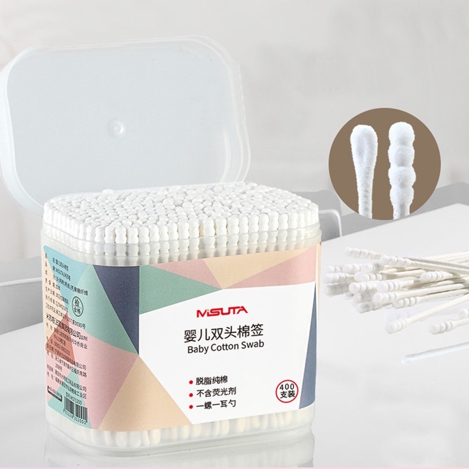 Tăm Bông Ngoáy Tai Misuta Cho Trẻ Sơ Sinh, Bông Siêu Mềm Tự Nhiên An Toàn Cho Bé Hộp 400c