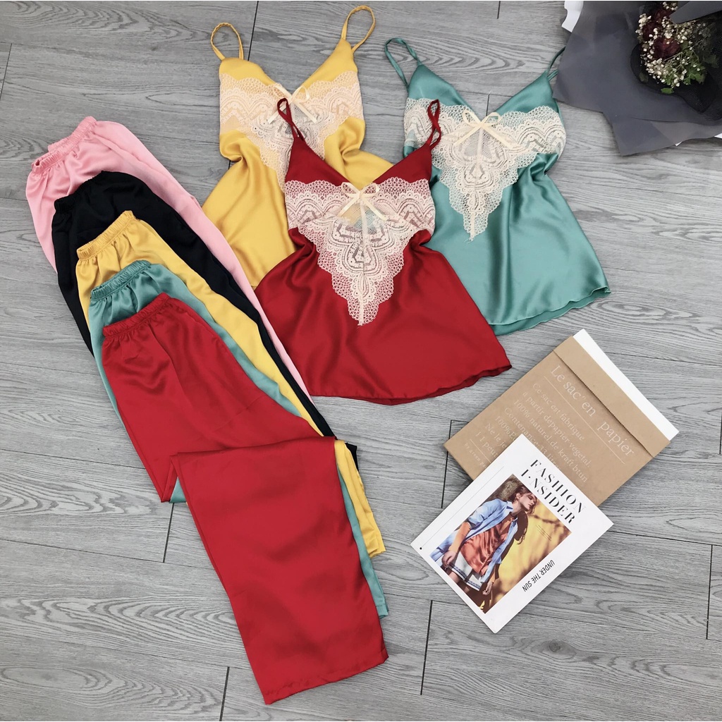 Bộ satin lưới áo hai dây, quần dài, siêu gợi cảm, quý phái cho nữ mặc nhà, mặc ngủ, màu cực tôn da