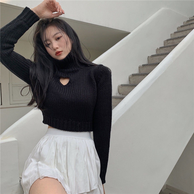 Áo sweater cổ cao tay dài dáng ôm in họa tiết trái tim thời trang thu đông mới cho nữ