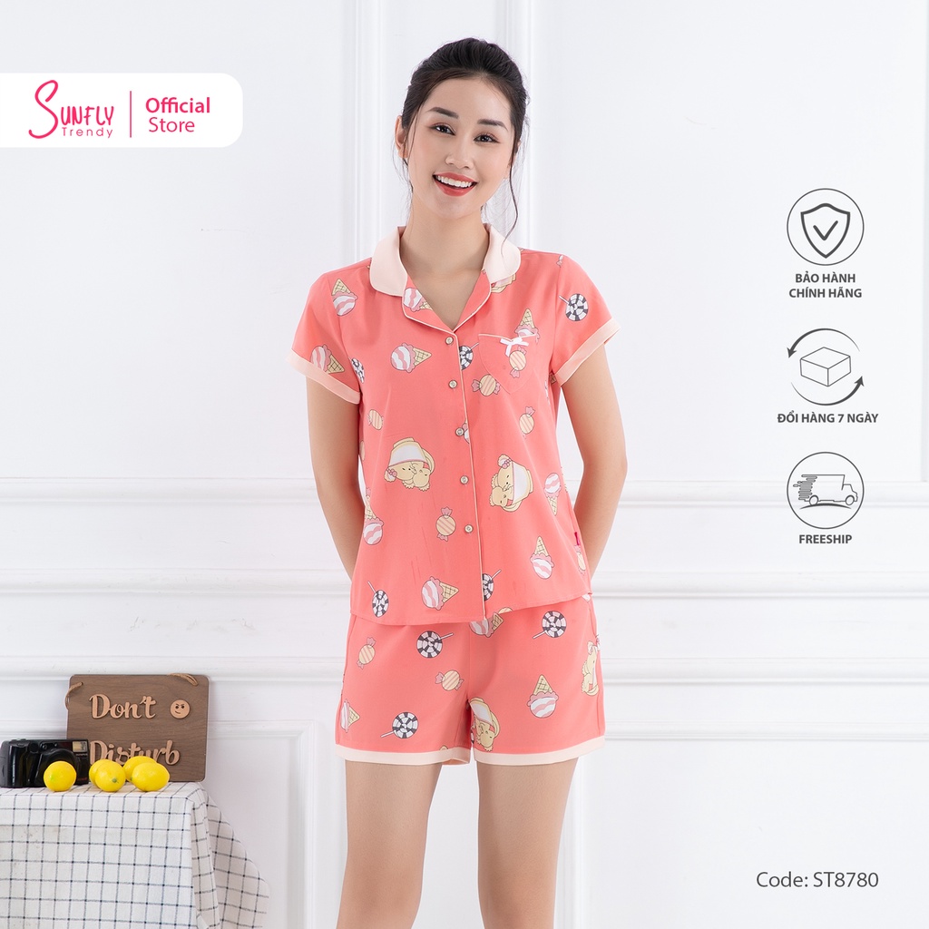Bộ đồ mặc nhà nữ pijamas lụa SUNFLY áo cộc tay, quần sooc ST8780