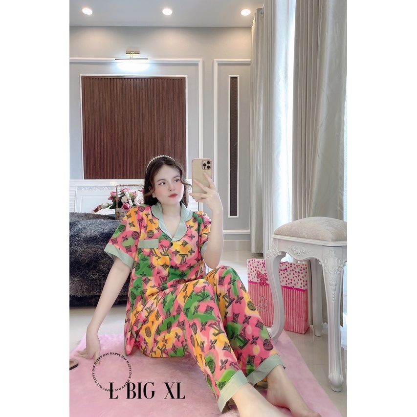 Bộ pijama lụa BIGSIZE 60&gt;80KG -Đồ Bộ lụa Cộc  tay hoạ tiết Cao cấp