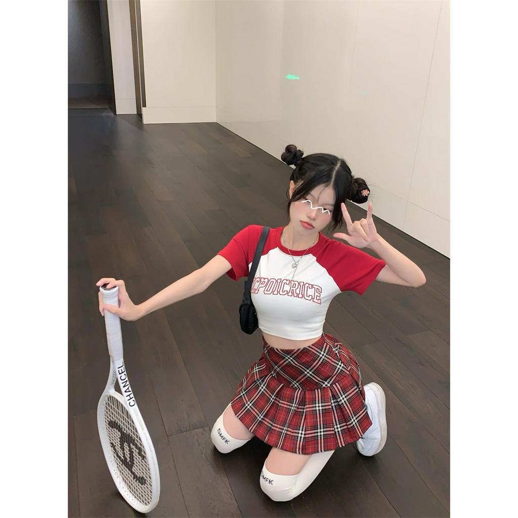 Cocory vn Set Áo Thun Hở Rốn / Chân Váy Xếp Ly Lưng Cao Thời Trang Mùa Hè Cho Nữ