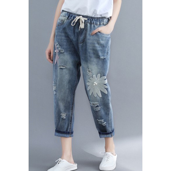 G761 Quần bò big size freesize họa tiết bông hoa trẻ trung mới lạ