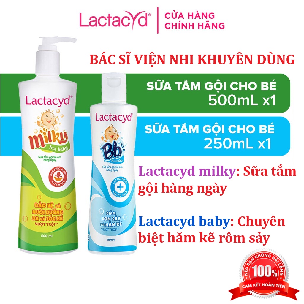 Sữa tắm gội trẻ em Lactacyd Milky, Lactacyd BB - Bảo vệ kép, sữa tắm rôm sảy, dưỡng da cho bé