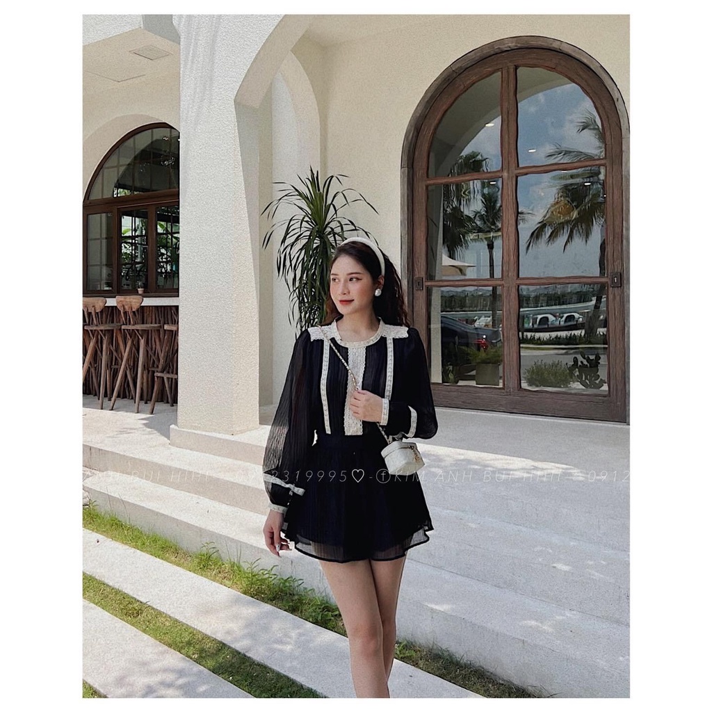 Set Áo Kiểu Tay Phồng Phối Viền Ren Trắng Kèm Quần Váy ảnh thật trải sàn, Set Đũi Xinh Tiểu Thư Mềm Mại