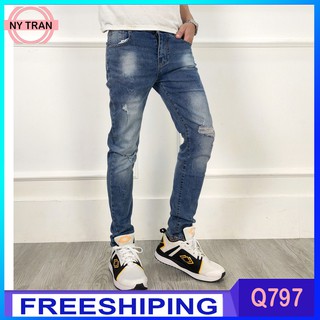 Quần Jean Nam Chất Bò Q797 Xanh Nhạt Rách Gói - Quần Rin nytran Thun Co giãn Cao Cấp Trẻ Trung Cá Tính