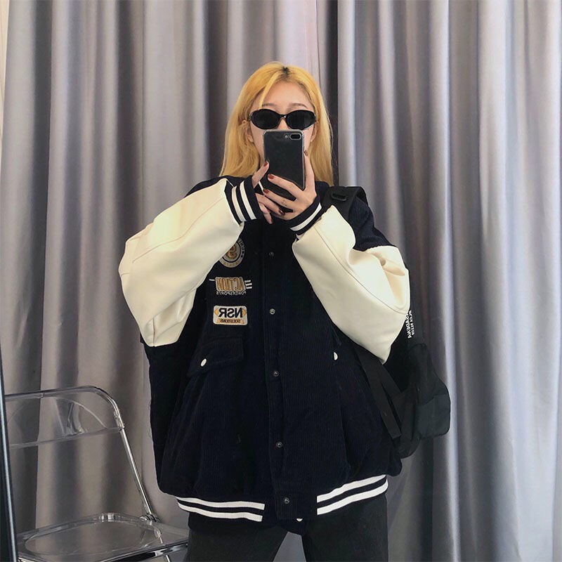 Áo khoác bomber nhung phối tay họa tiết logo NSR trước ngực/ Áo khoác thu đông nam nữ tay bồng phom rộng unisex | BigBuy360 - bigbuy360.vn