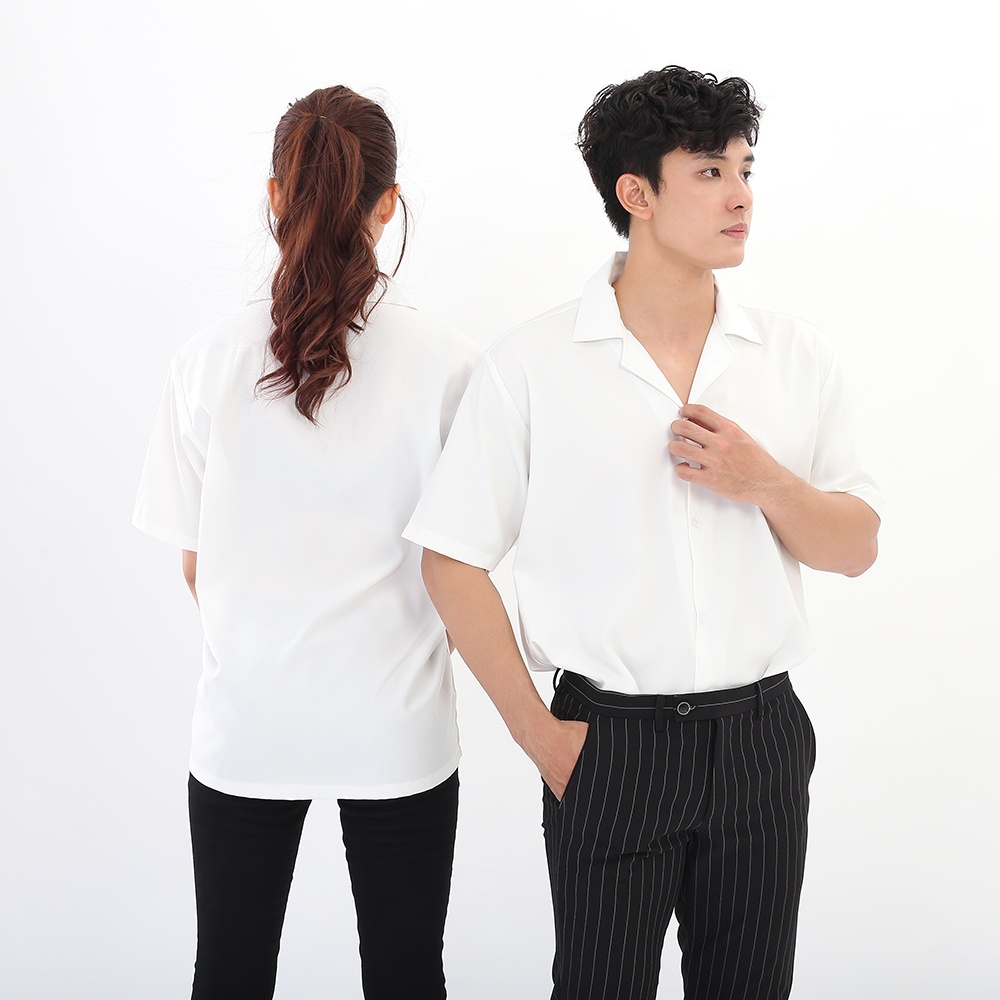 Áo sơ mi ngắn tay Trắng cổ Vest BOTEE vải lụa mềm mại form rộng unisex nam nữ