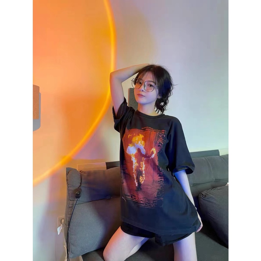 Rammstein German chariot metal band retro flame old short-sleeved VTG high street loose casual T-shirt