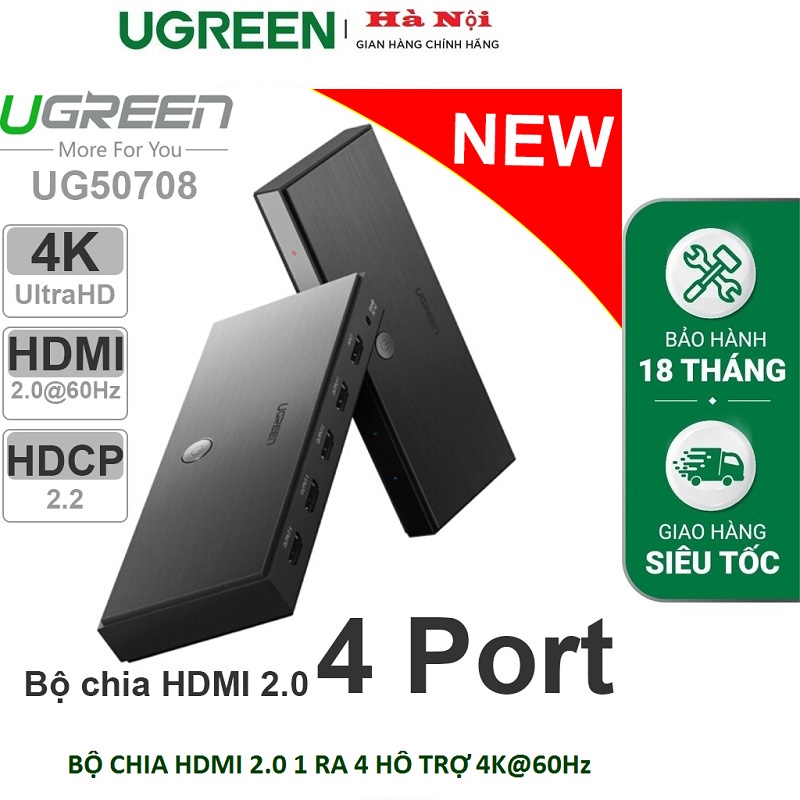 Bộ chia HDMI 1 vào 4 ra V2.0 4K@60Hz chính hãng Ugreen 50708