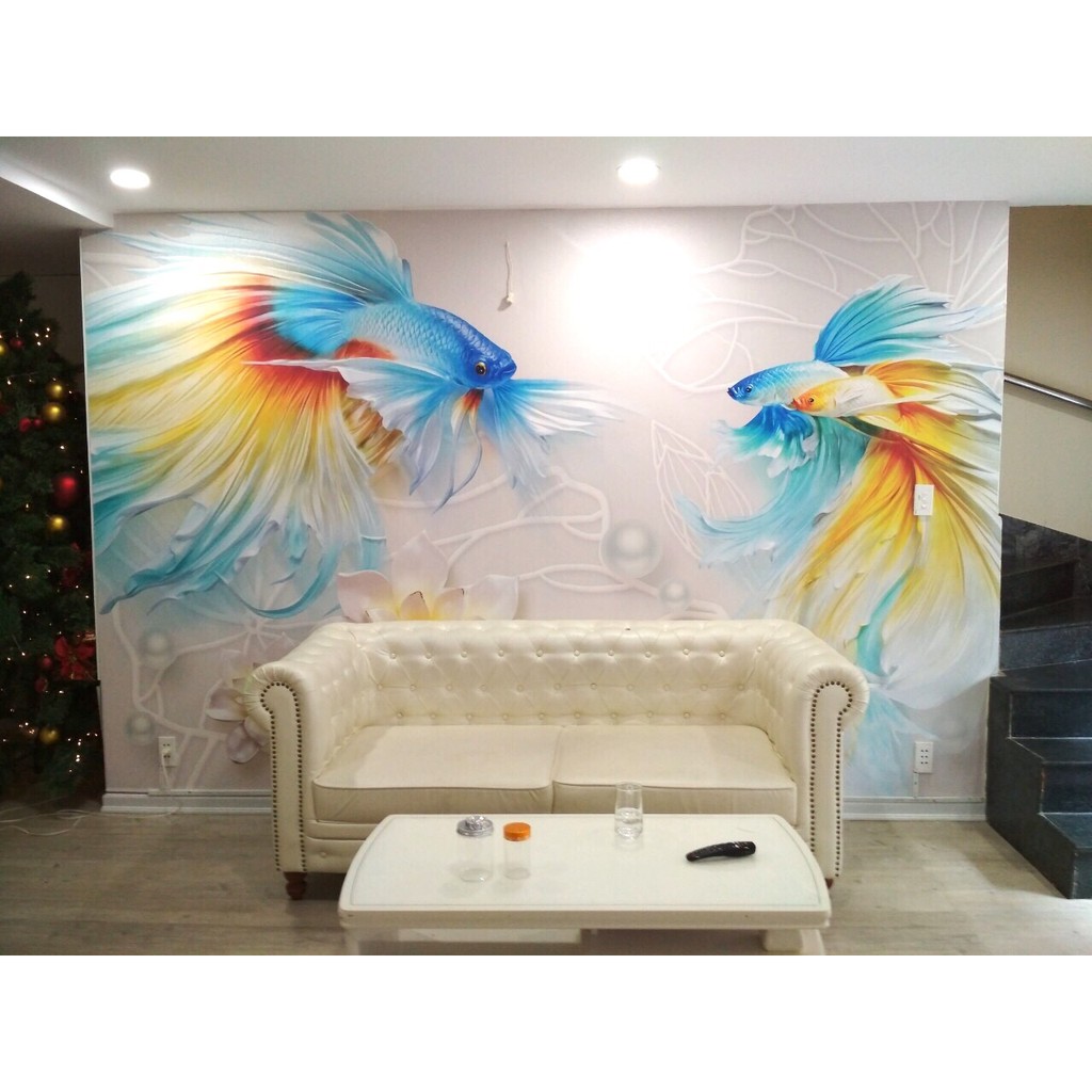 Tranh dán tường 3D đôi cá tài lộc phú quý DN29