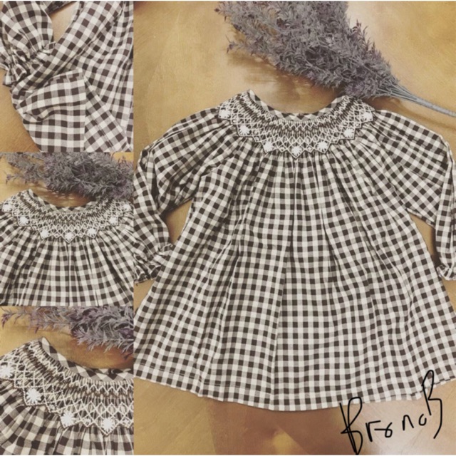 Váy thêu smock kẻ caro thêu tay hoa cúc dại, còn size 6t và 4t