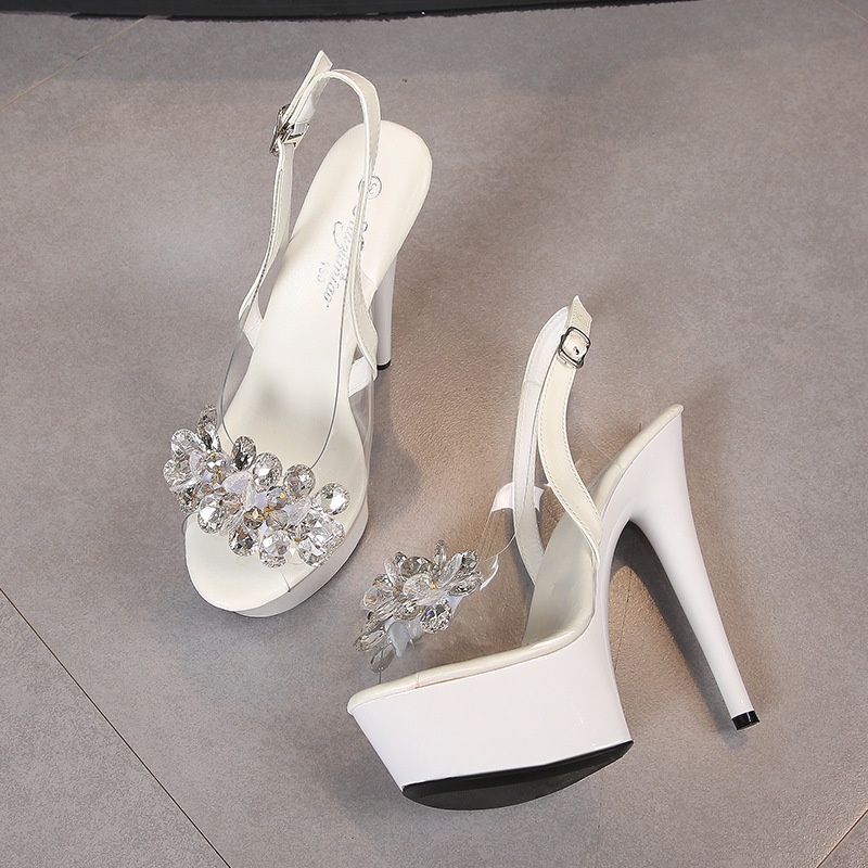 Giày Cao Gót 13CM Hở Mũi Chân Quai Trong Suốt Đính Đá Pha Lê Sang Trọng Size 34-43