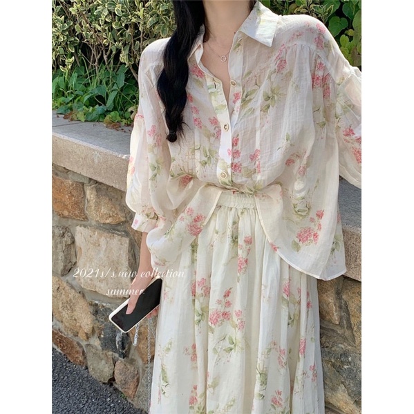 Set áo sơmi váy hoa dáng dài ulzzang