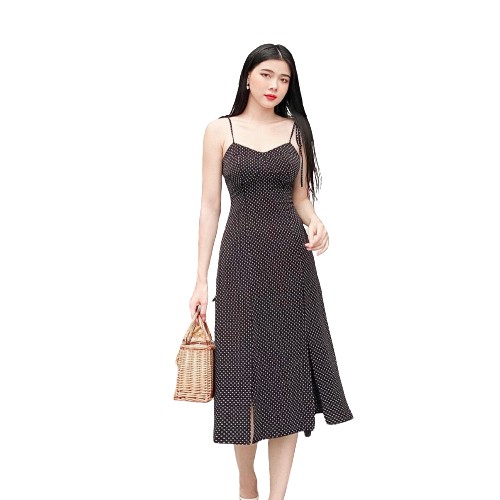 Váy 2 dây hoạ tiết chấm bi xẻ tà trước Zym's House - LT80