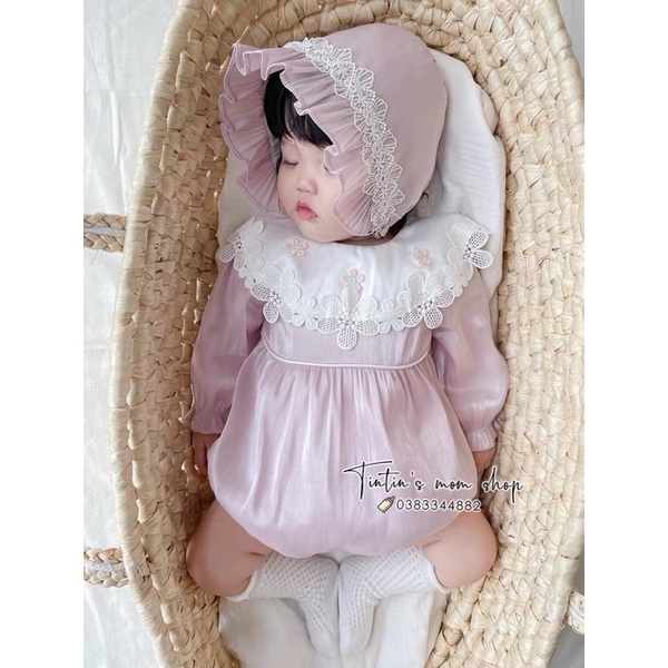 Sét body chíp đầy tháng/ thôi nôi dài tay cổ ren hoa kèm mũ Vlinder cho bé gái