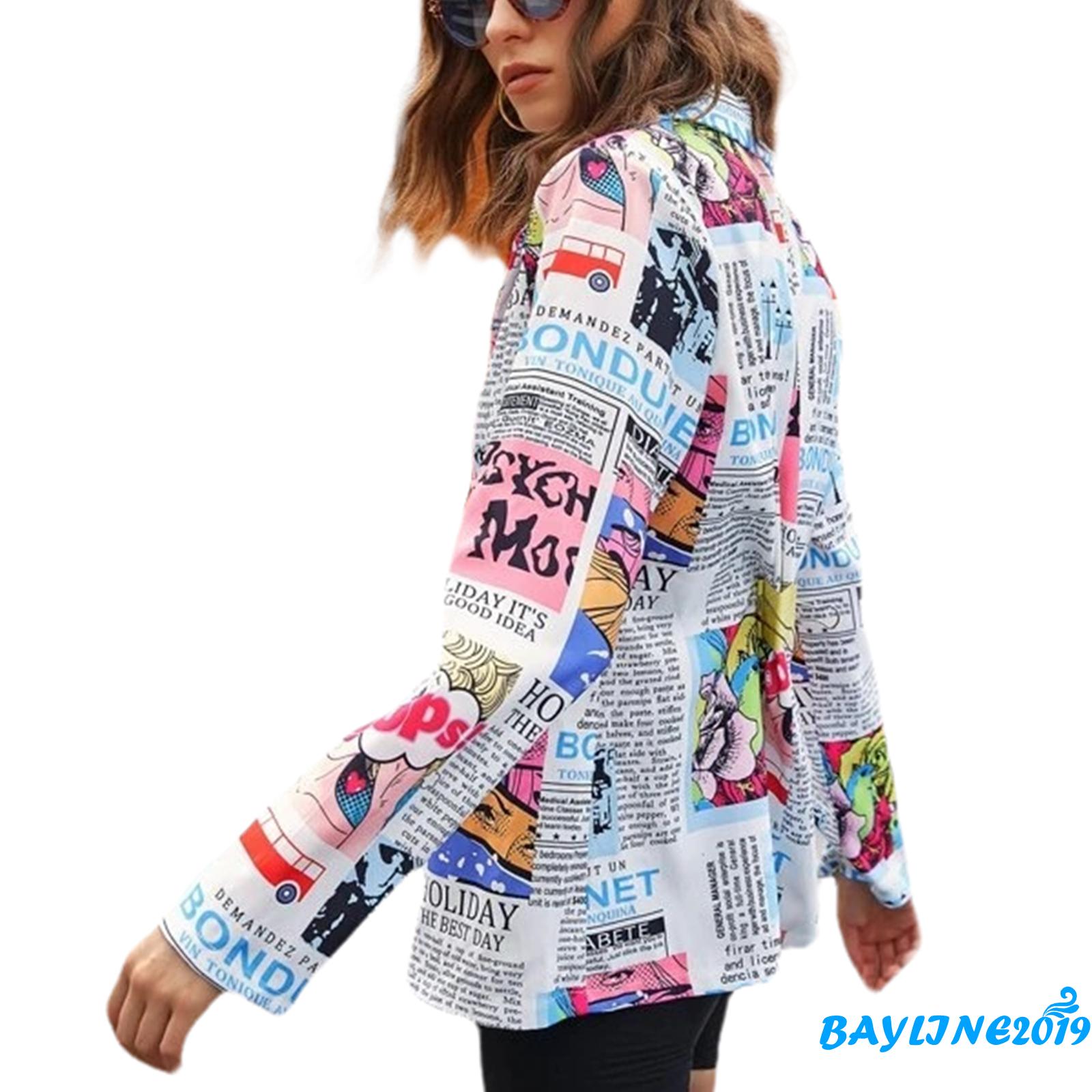 BAY-Women´s Long Sleeve Colorful Suit, Newspaper Print V Neck Defined Waist One Button Slim Coat | BigBuy360 - bigbuy360.vn