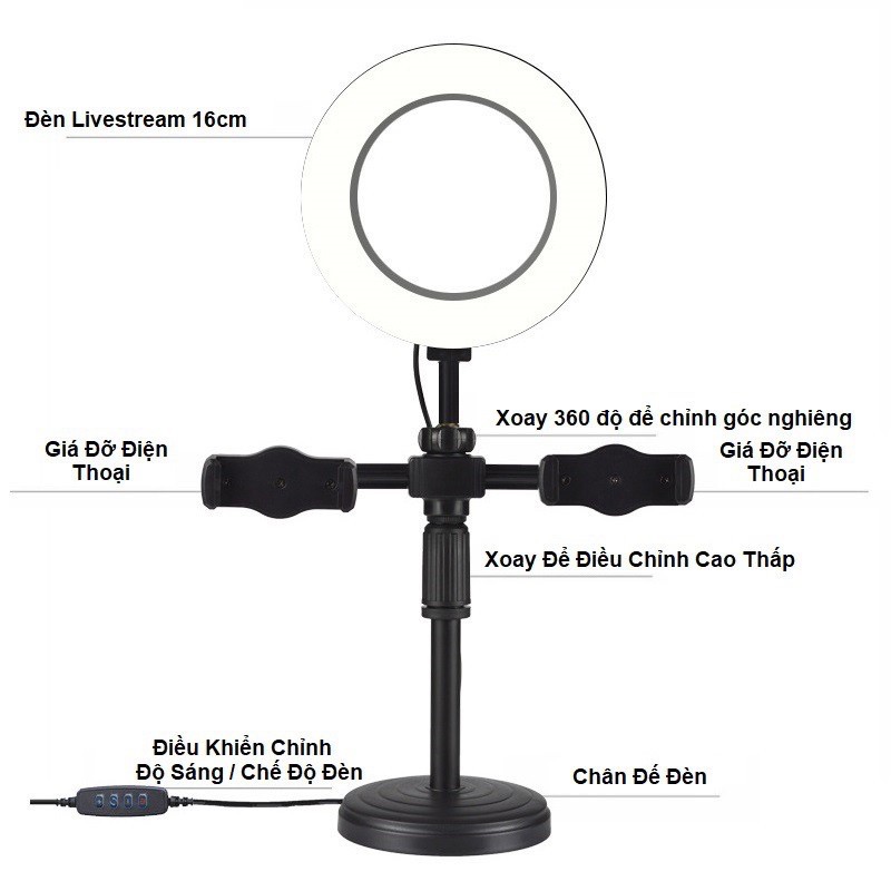 Giá đỡ+kẹp 2 điện thoại có đèn LED LIVE STREAM Bh 3 tháng