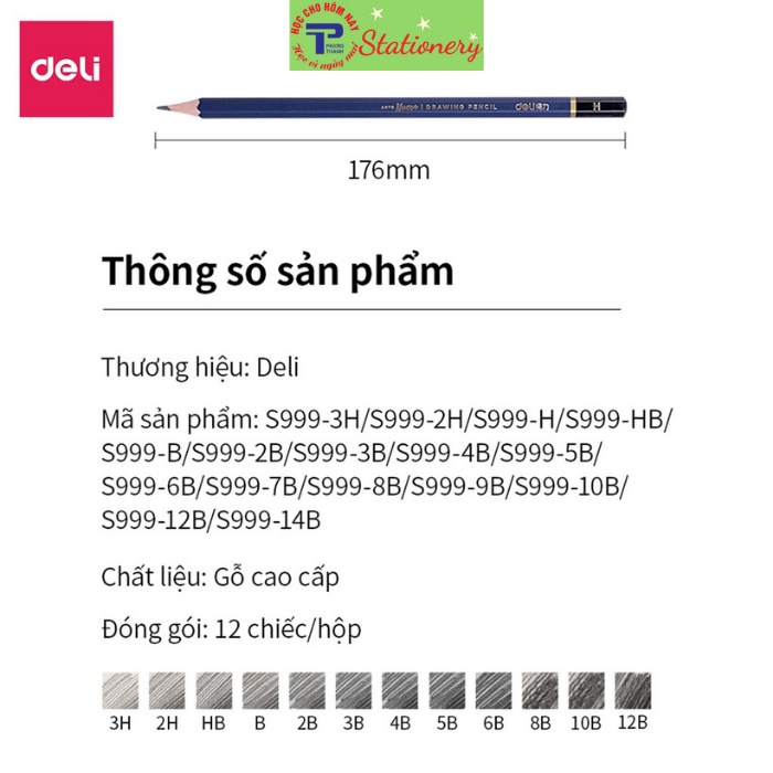 Bút chì cao cấp Deli Nuevo S999-| B, 2B, 3B, 4B, 5B, 6B, 7B, 8B, 9B, 10B, 12B, 14B - Bút chì mỹ thuật