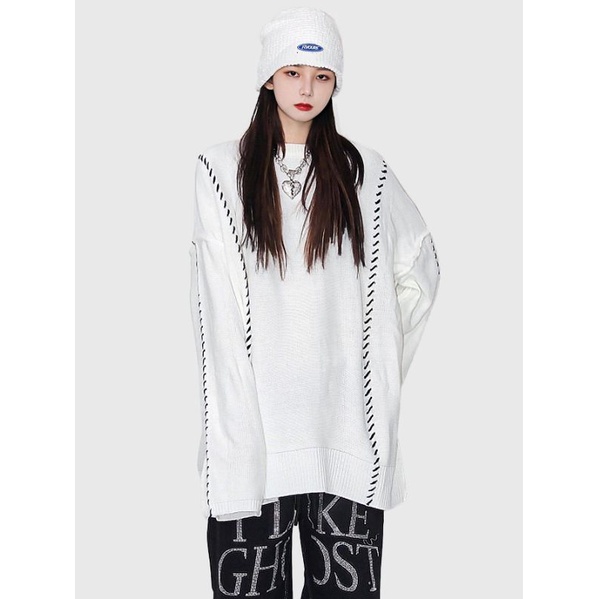 Áo len unisex nam nữ màu trắng phối đường kẻ đen