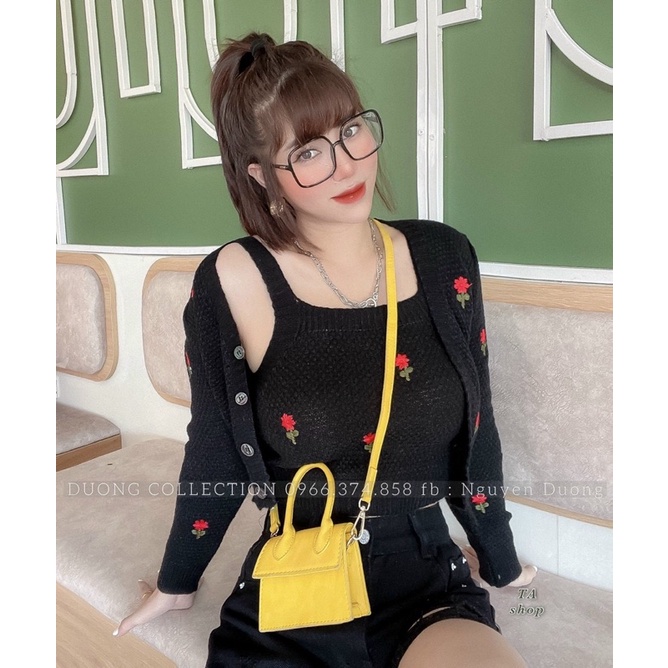 Set áo len cặp hai chi tiết ( áo len cadigan mix áo hai dây ) len đan sợi dày dặn