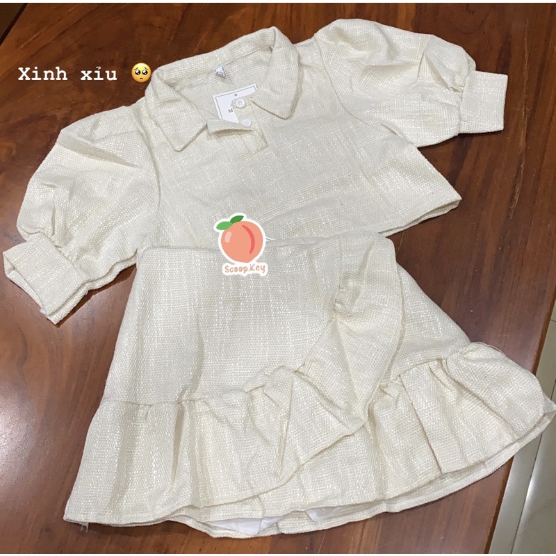Set Áo Croptop Tay Phồng Cổ Bẻ POLO + Chân Váy Đắp Chéo Siêu Xinh