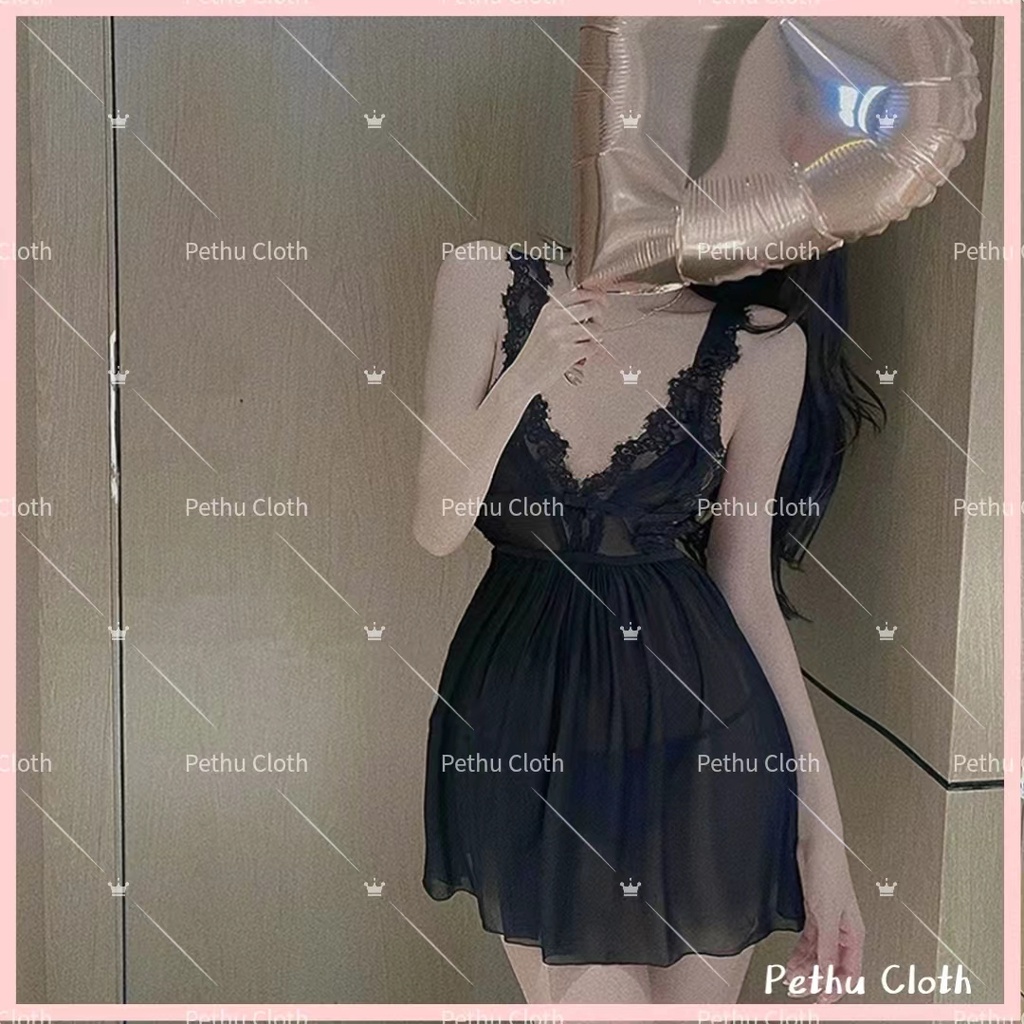 （Q1,HCM) Sexy Đầm/váy ngủFreeship2 dây ren nữ xuyên thấu, gợi cảm nơ ngực quyến rũ kèm quần chip lọt khe 40-65kg--001