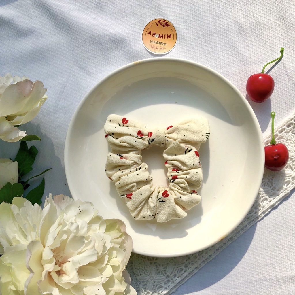 Scrunchies nơ vintage họa tiết xinh đẹp dễ thương