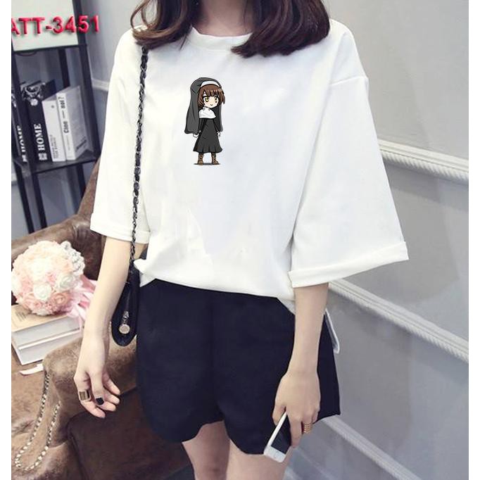 Áo thun nữ tay lỡ Hàn Quốc form rộng in hình ma sơ the nun vải dày mịn TEEWOTL97