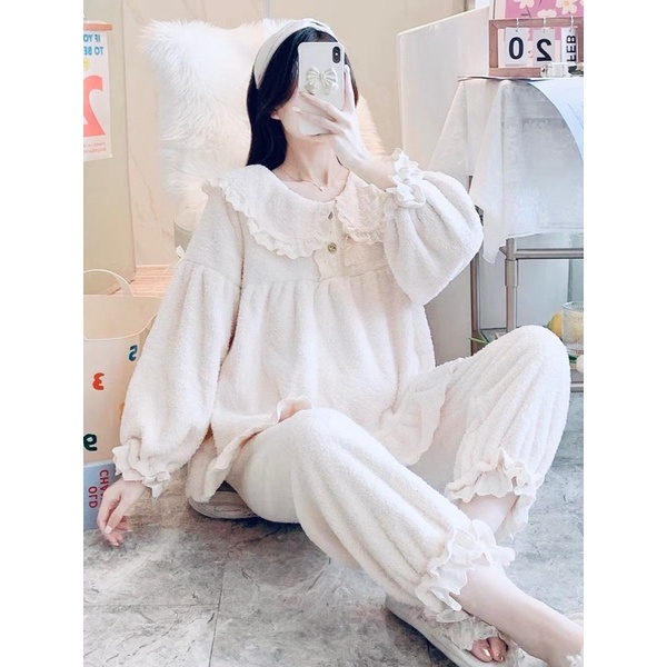 SẴN (Có ảnh thật + video) Bộ quần áo lông mùa đông dáng babydoll phối cổ sen viền ren cúc ngọc Un.style