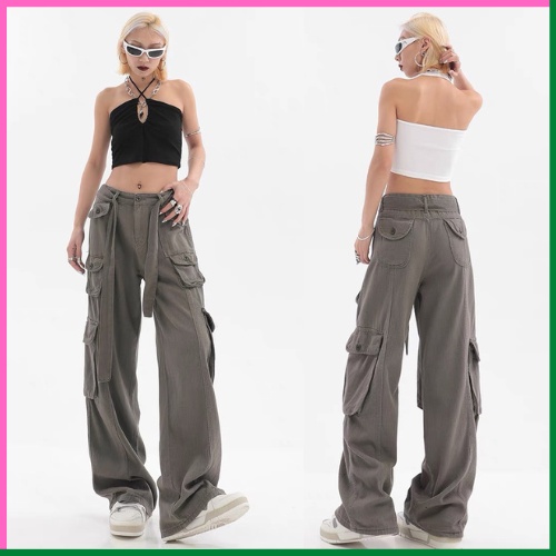 Quần JEAN HIPHOP Xám Nhiều Túi Lưng Cao Ống Rộng Phong Cách Retro Mỹ 2022 Tao.baotrend.Hn