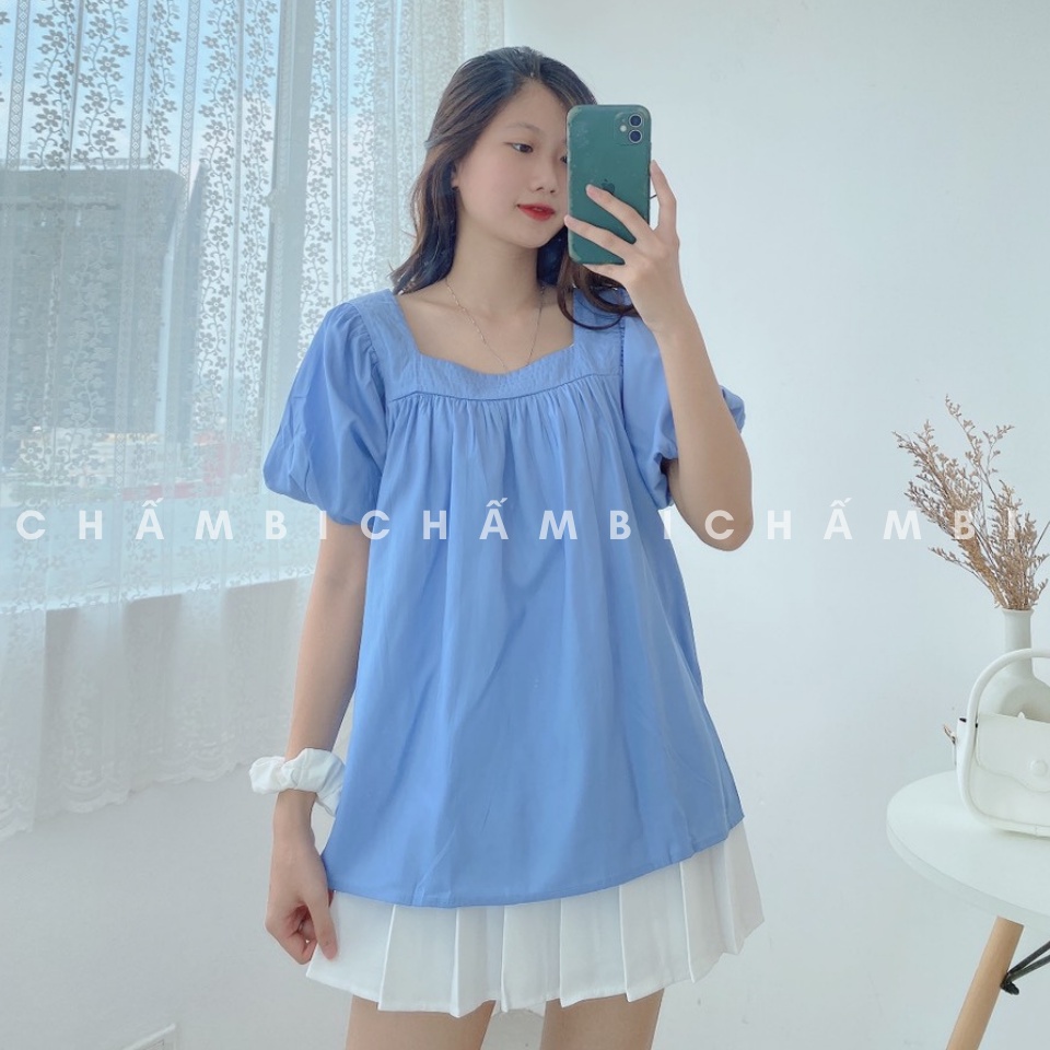 [SALE] Áo kiểu babydoll A.228, Áo babydoll cổ vuông tay ngắn bồng tiểu thư